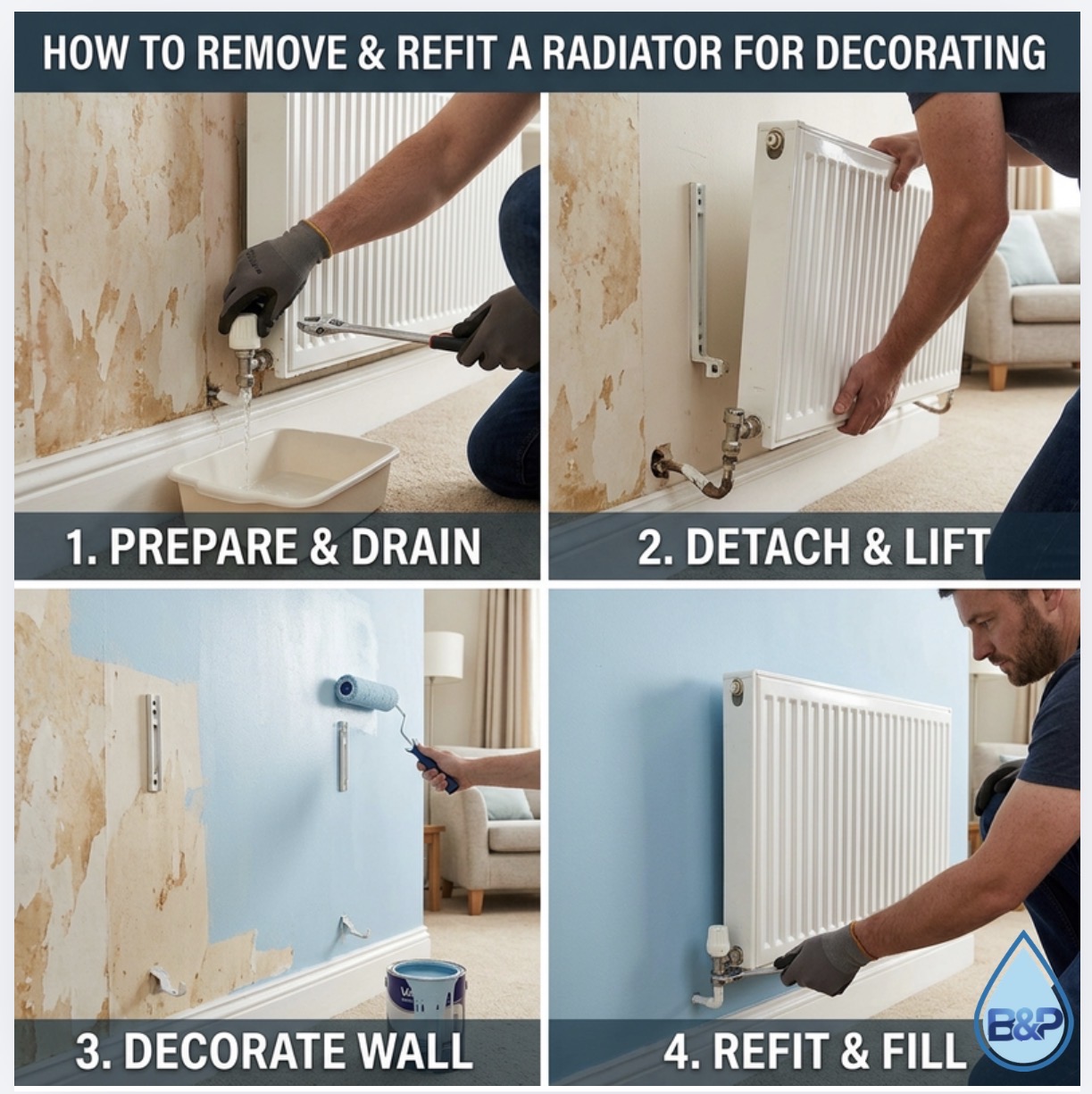 Radiator on wall brackets ready to be removed for decorating